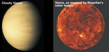 images of cloud-covered Venus and radar-mapped Venus